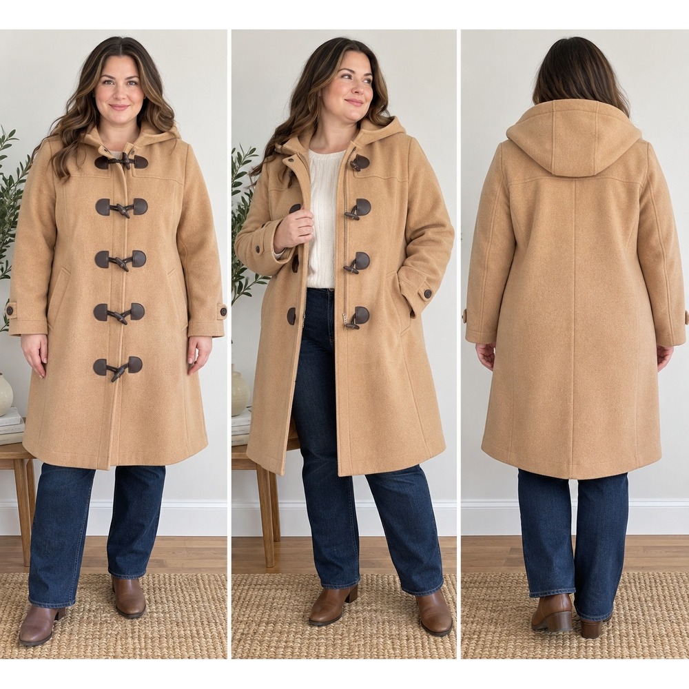 L.L.Bean Women 3X Camel Italian Wool Duffel Coat Hooded Toggle Thinsulate